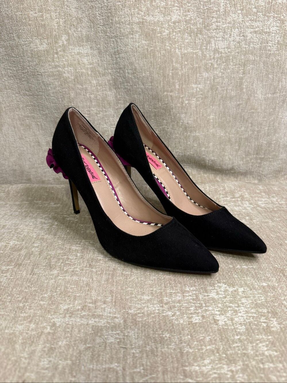 Betsey Johnson Black Pumps with Pink Ruffle Heel Accent